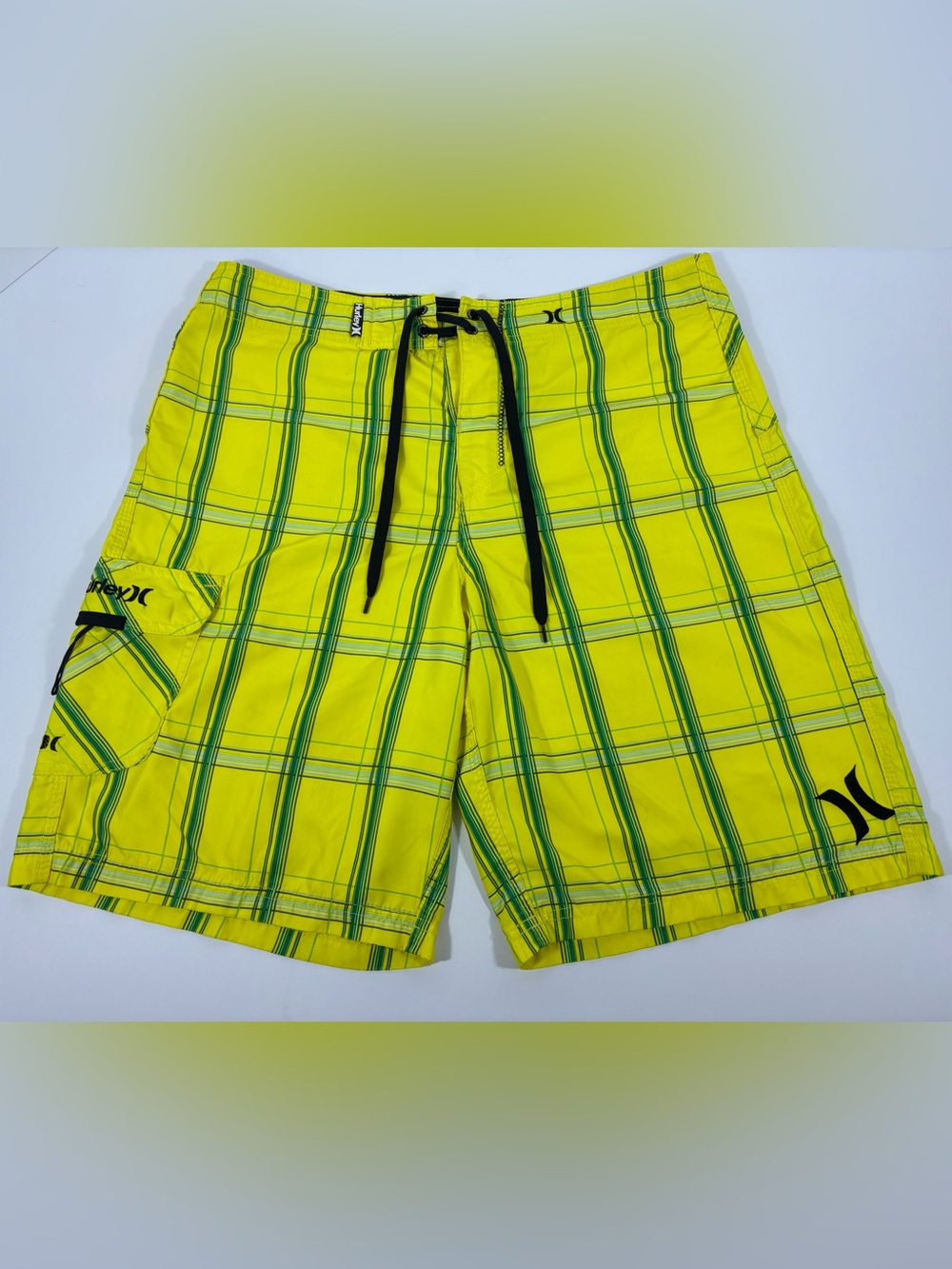 Hurley Board Shorts Men’s 36 Yellow Plaid Surf Swim Trunks Beach 9.5 Inseam